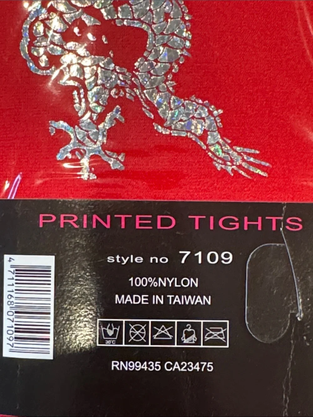 Music Legs Laser Dragon Red Tights Silver Foil Print One Size NIP